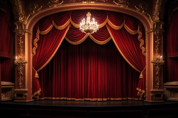 Curtain stage with opulent, golden trimmings and rich velvet drapes a grand opera performance - obrazy, fototapety, plakaty