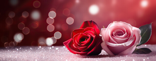 Valentine's Day. Roses and bokeh background. Empty space at top.