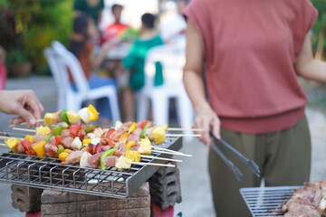 Asian, American and African family parties with grilled seafood and beer drinks, BBQ