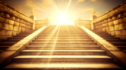 grand staircase leads up towards a bright sun, with rays of light shining through the clouds, giving a feeling of ascension and inspiration