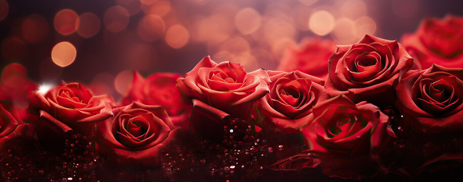 Valentine's Day. Roses and bokeh background. Empty space at top.