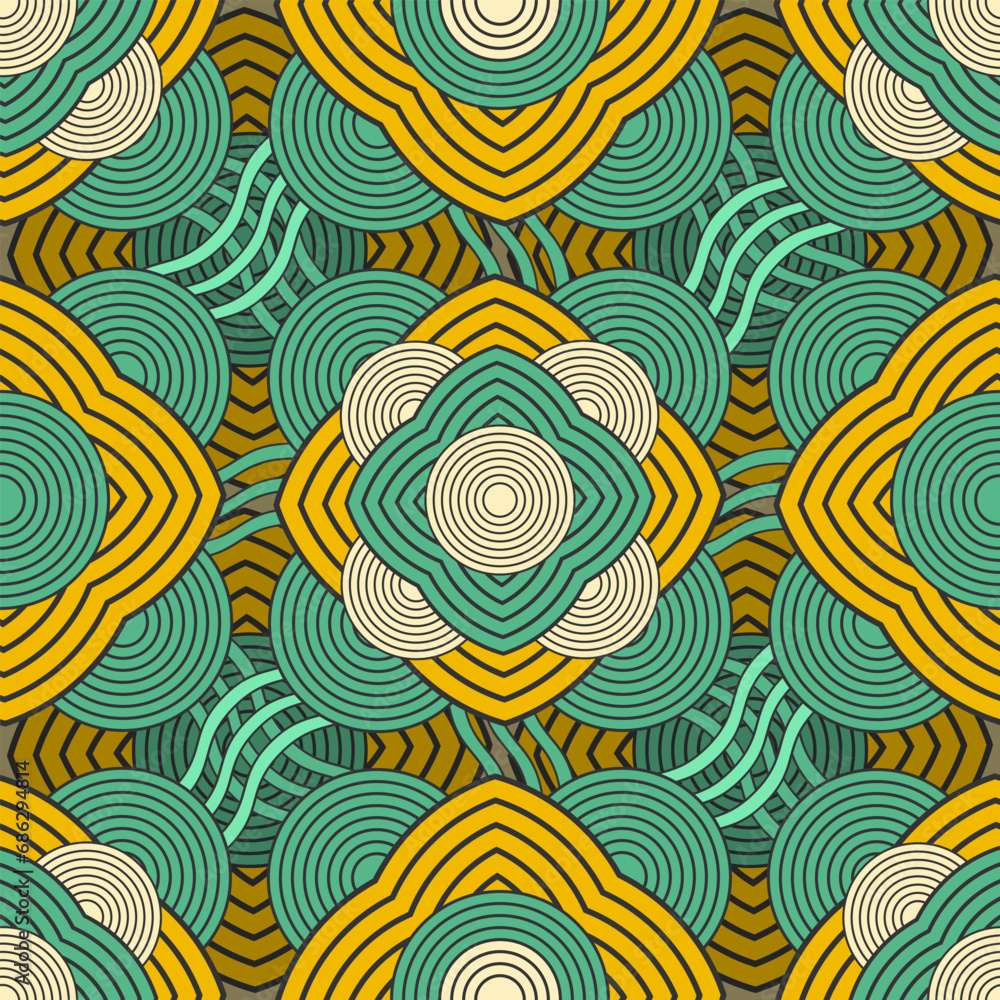 Poster seamless pattern with layered futuristic contour objects. the palette includes yellow, green and bei