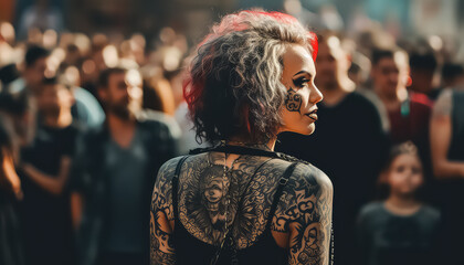 Woman in the crowd with tattoos all over her back and neck, March 8 World Women's Day