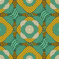 Seamless pattern with layered futuristic contour objects. The palette includes yellow, green and beige. Vector illustration
