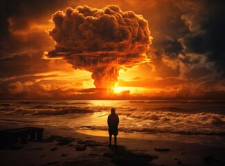 Radioactive Nuclear Explosion in the Ocean Clouds vapourize the yellow sky and a big fog of radioactive particles in the air and big shock waves. Nuke Bomb. Radioactive bomb blast. World War III.
