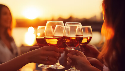 Bachelorette party at sunset with glasses of wine toast, March 8 World Women's Day