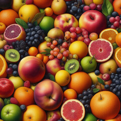 IA generativa. Arrange fruits into sections or part background such as green and red apple,orange and grape on fruit festival.