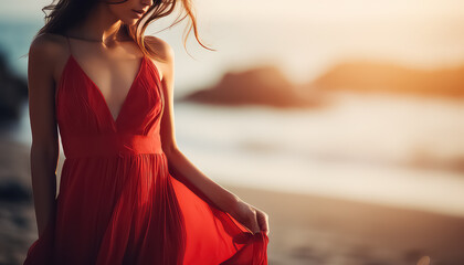 Woman in red dress on the beach, March 8 World Women's Day - obrazy, fototapety, plakaty
