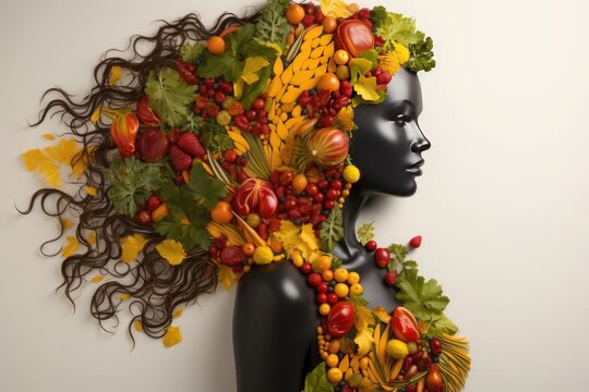 woman silhouette made with fruits and vegetables. Vegan image