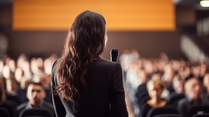 Back view of business woman female brunette long hair motivational speaker in front of her audience at a conference - obrazy, fototapety, plakaty