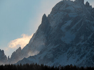 Dolomites park of Lavaredo Peaks of Mountain Rudo, Croda dei Rondoi, Torre dei Scarperi, Croda dei Baranci, Cima Piatta Alta, Tre Cime di Lavaredo, view from Versciaco Dobbiaco