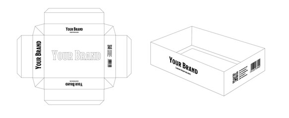 Editable outline vector image of box with dieline box on neutral background