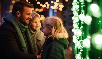 Naklejka premium Dad with his daughter looking to green lighting on Christmas, Man with two cute girls decorate the garden by lightings