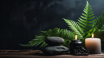 Zen-like arrangement with stacked stones, fern leaves, and lit candles on a wooden surface.