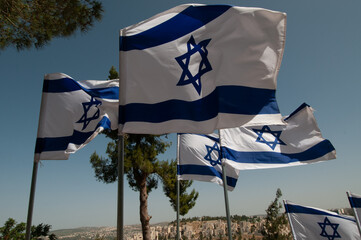Blue and white flags of the State of Israel