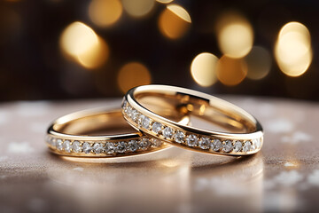 Two gold wedding ring on bokeh background. - obrazy, fototapety, plakaty