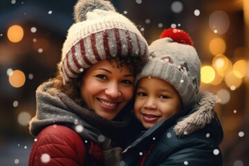 Parent and Child in winter celebration the snow and Christmas, Mom and son wear warm clothes in snow and smiling