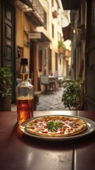 Pizza, wine bottle, wineglasses and spice oil on the restaurant table outdoors, background of narrow old Italian streets 