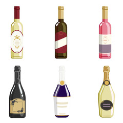 Doodle bottles. Cartoon champagne, wine and prosecco alcohol drinks in vintage fancy glass bottles. Vector illustration EPS10.