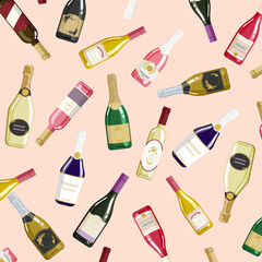 Seamless print with doodle cartoon champagne, wine and prosecco alcohol drinks in vintage fancy glass bottles. Vector illustration EPS10.