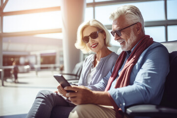 Obraz premium Portrait of happy senior couple tourists waiting to checkin in the airport. Reviewing the trip itinerary on the smartphone
