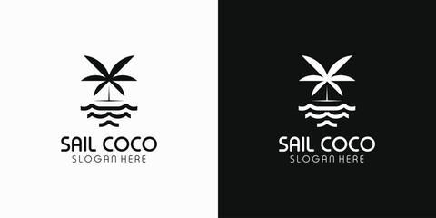 Coconut tree vector logo design with ship sail and water waves