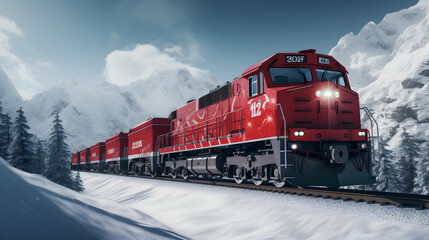 Red color train passing through snow covered alps mountains in Europe in winter time. 