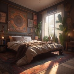 Interior of Bohemian style bedroom