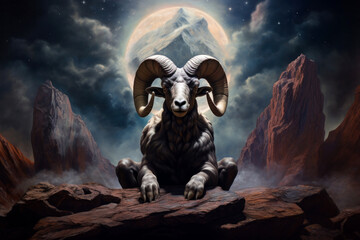 Astrology Capricorn zodiac sign. Ram or mouflon horoscope. - obrazy, fototapety, plakaty