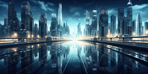Futurestic city in blue tones with the reflection.