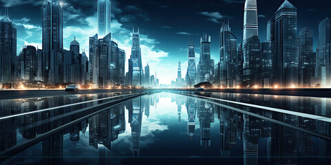 Futurestic city in blue tones with the reflection.