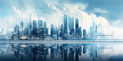 Fototapeta na wymiar Futurestic city in blue tones with the reflection.