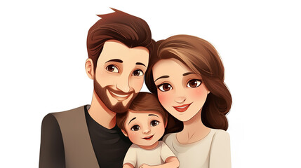 illustration of happy family with father, mother and kids on white background, parents and children in style of cartoon isolated