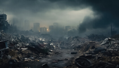 Apocalypse in the Big City Gray Smog and Mountains of Garbage , Environmental eco safe Conservation - obrazy, fototapety, plakaty