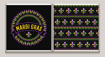 Pattern, circular label with strings of beads, party streamer, fleur de lis sign, ribbon, text. Vintage illustration for Mardi Gras carnival. For prints, clothing, t shirt, holiday goods, stuff design - obrazy, fototapety, plakaty