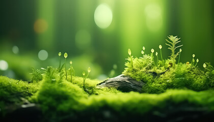 Micrograss and moss in the forest , Environmental eco safe Conservation - obrazy, fototapety, plakaty