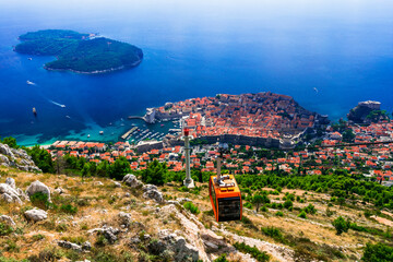 medieval Dubrovnik town - pearl of Adriatic coast in Croatia. Dalmatia. view of cable car and the...
