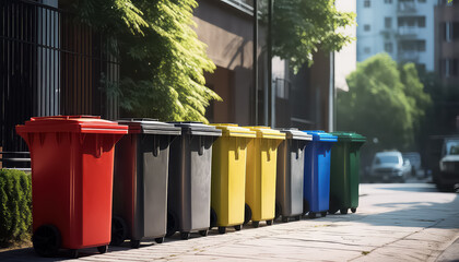 Bins for separate garbage collection on a clean street , Environmental eco safe Conservation - obrazy, fototapety, plakaty
