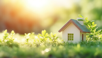 A miniature house and a plot for a mortgage on the grass , Environmental eco safe Conservation - obrazy, fototapety, plakaty