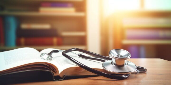Open medical textbook with stethoscope on desk. - Powered by Adobe