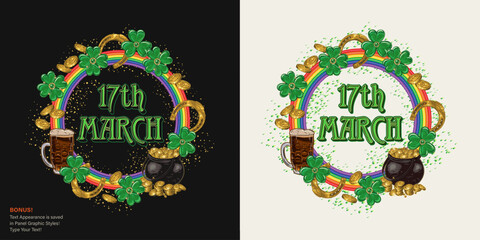 Circular St Patricks Day label with pot full of gold treasures, golden horseshoes, green clover leaves, rainbow frame, glass of dark beer. Text graphic style included Vintage style - obrazy, fototapety, plakaty