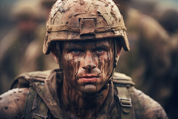Fototapeta premium the soldier has his head covered in mud and is looking at the camera. 