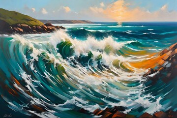 An abstract oil painting that captures the dynamic energy of a windy seashore during sunset. 