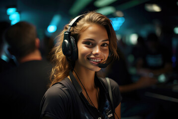 Smiling female customer support phone operator at workplace