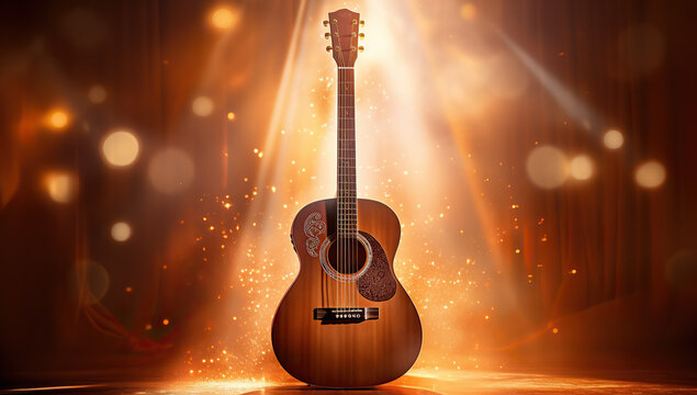 Classic acoustic guitar and colorful lights on background