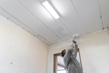 Skilled Worker in Work Attire Paints Interior with Precision Using Roller.