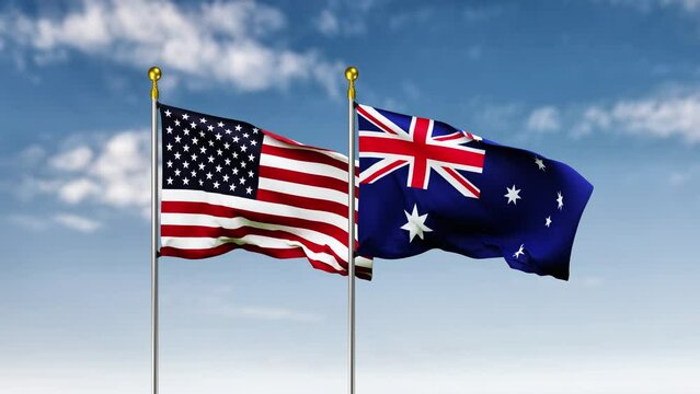 USA or america and Heard and Mcdonald Islands flag waving on sky background.