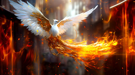 majestic phoenix bird with white and golden wings spreads them wide; the tips are ablaze with fire against a dramatic backdrop - obrazy, fototapety, plakaty
