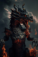 Mighty black dragon with fire in the dark clouds background, vertical, Year of the Dragon, Generative AI