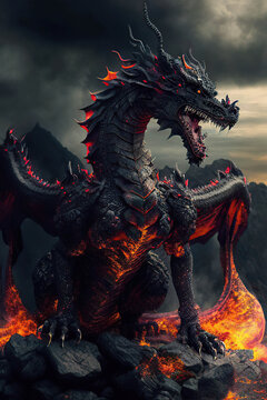 Mighty black infernal dragon on the top of the volcano, dark sky and mountains background, volcanic dragon, dark fantasy, vertical, Year of the Dragon, Generative AI